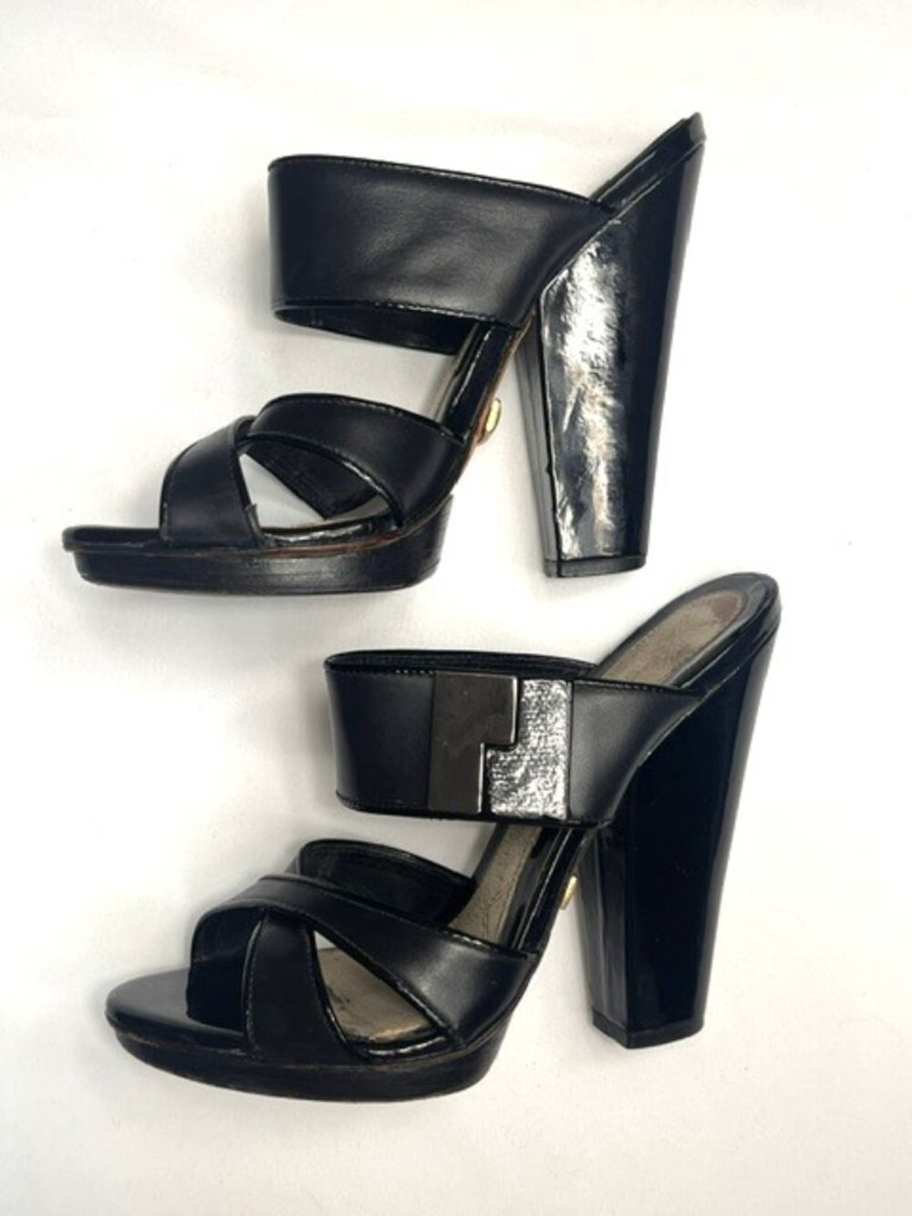 L.A.M.B. Sandra Sandal Black Patent Leather with Chrome Accents Sz 6